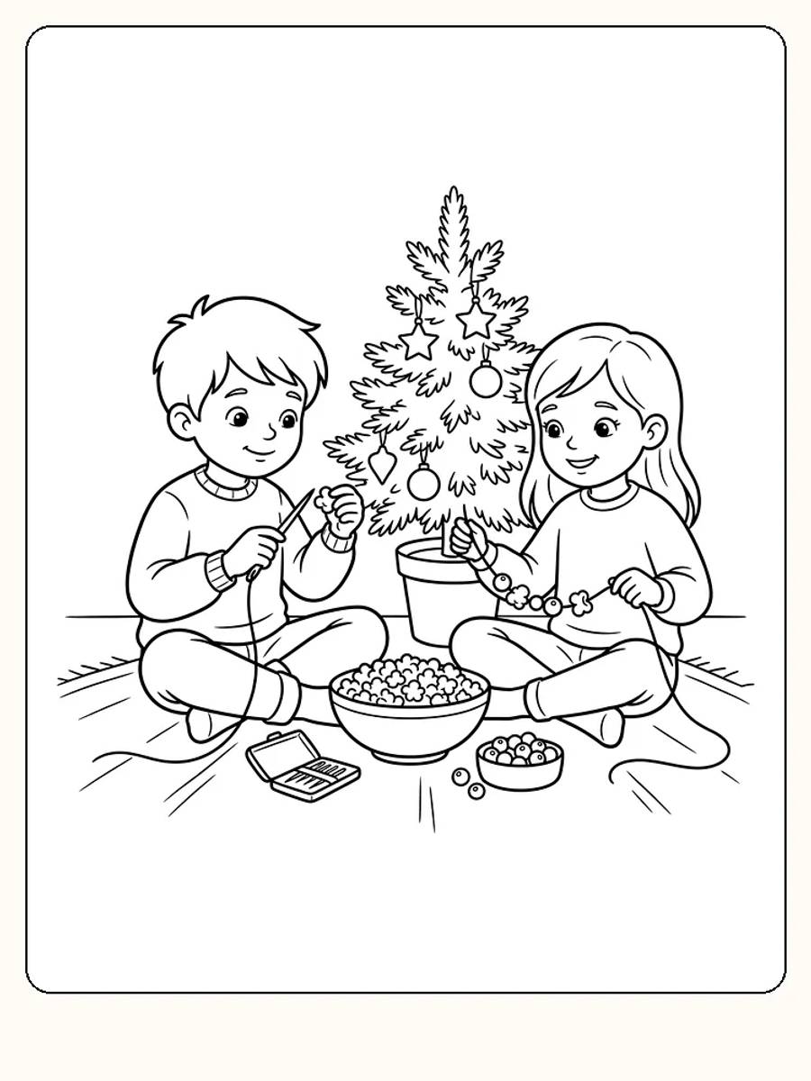 To børn træder popcorn og bær på en snor til jul ved et grantræ i en potte, med en skål popcorn
