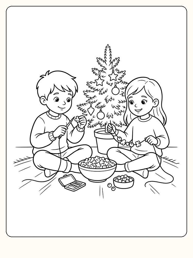 To børn træder popcorn og bær på en snor til jul ved et grantræ i en potte, med en skål popcorn