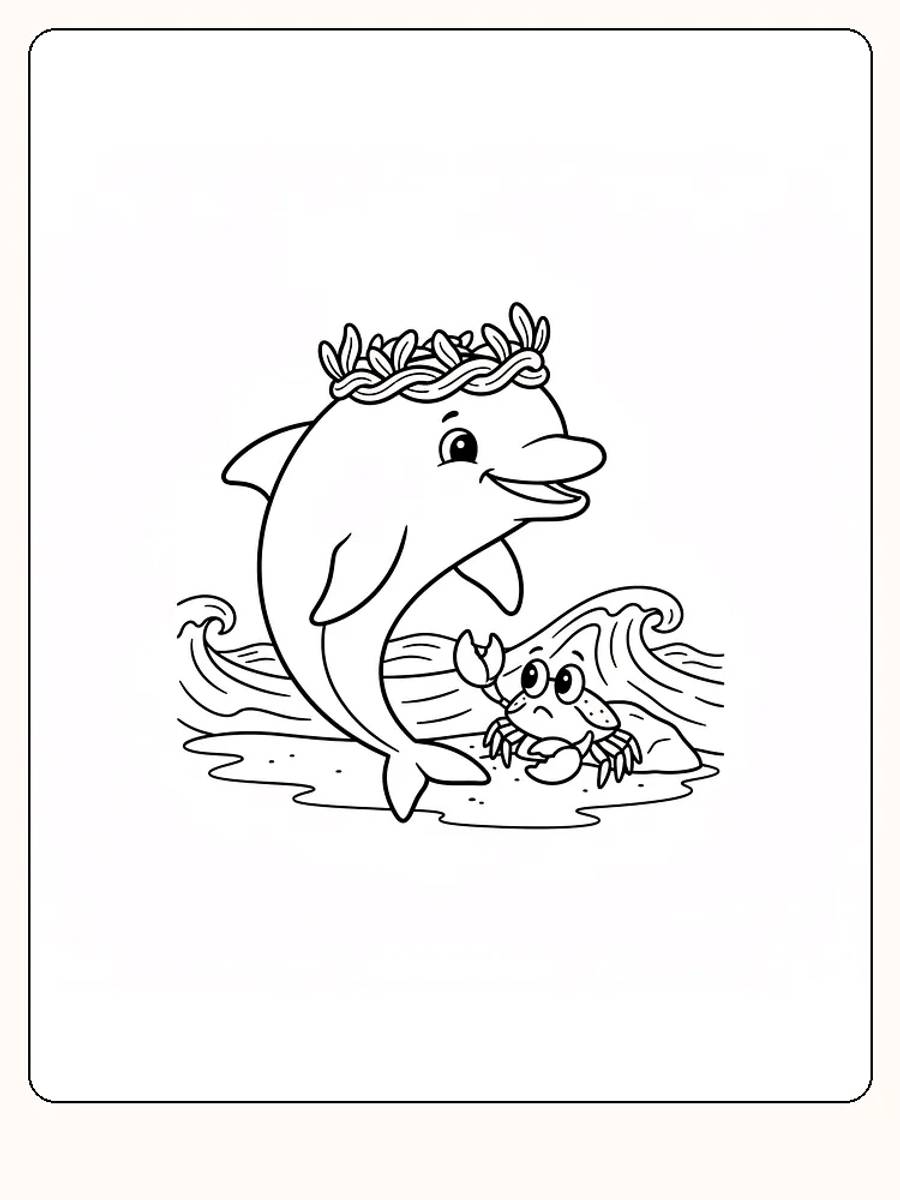 Tegning til farvelægning af en smilende delfin med krans og krabbe ved bølgerne, klar til print