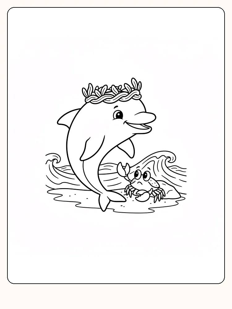 Tegning til farvelægning af en smilende delfin med krans og krabbe ved bølgerne, klar til print