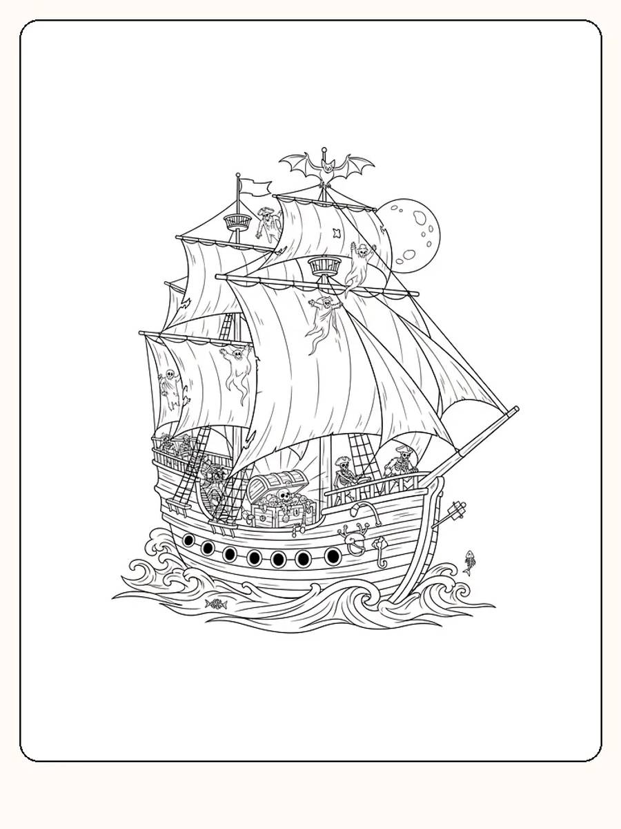 Målarbild av ett piratskepp med spöken och fladdermöss, redo för måla.