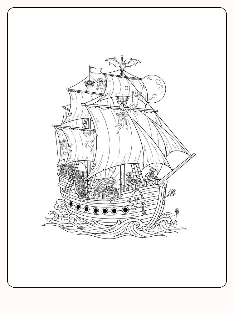 Ausmalbild eines Piratenschiffs mit Geistern und Fledermäusen, bereit zum Ausmalen.