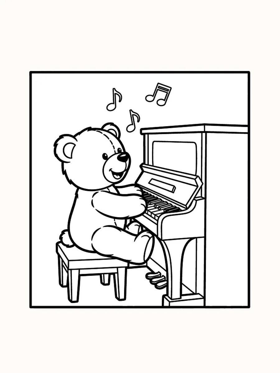 Tegning til farvelægning af en glad bamse, der spiller klaver og laver musik