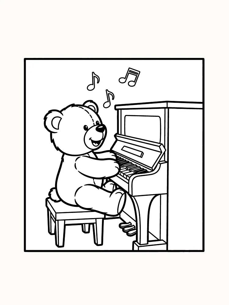 Tegning til farvelægning af en glad bamse, der spiller klaver og laver musik