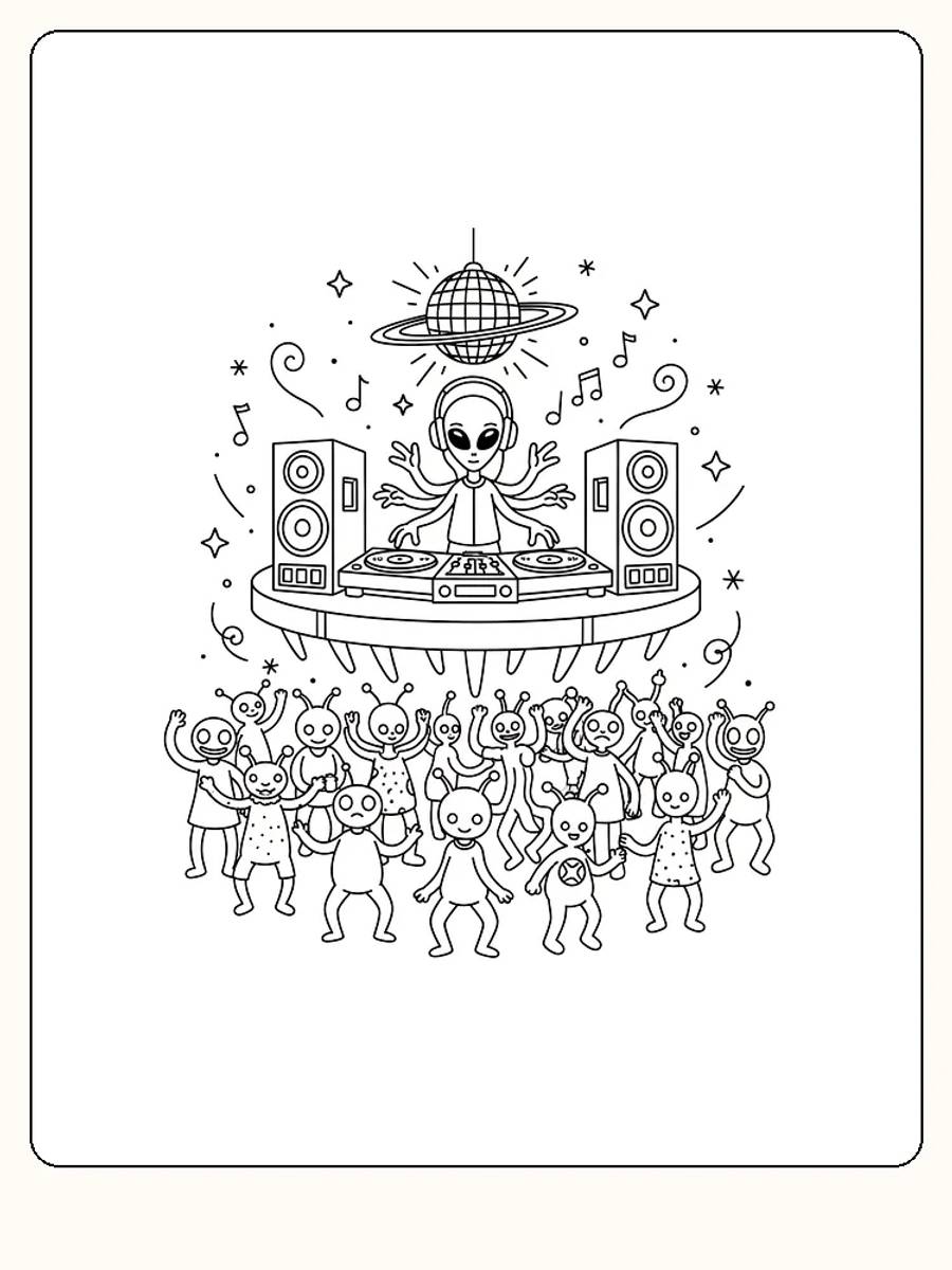 Fargelegging av en alien DJ som spiller musikk mens mange andre aliens danser rundt