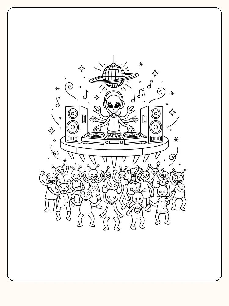 Fargelegging av en alien DJ som spiller musikk mens mange andre aliens danser rundt