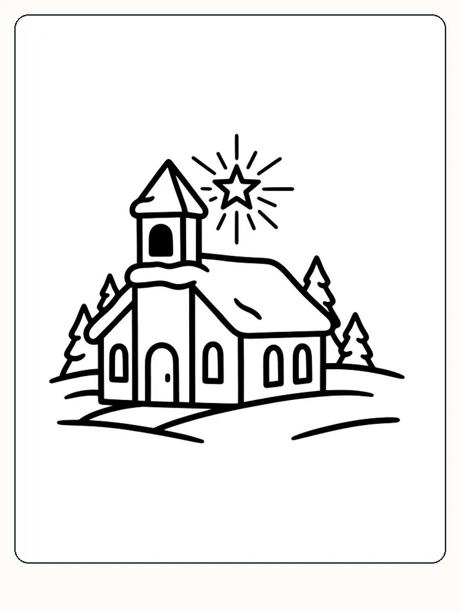 Tegning til farvelægning af en kirke med en stjerne over, omgivet af træer, klar til print