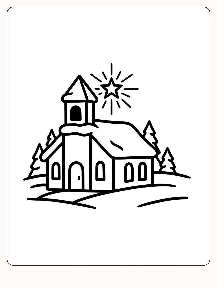 Tegning til farvelægning af en kirke med en stjerne over, omgivet af træer, klar til print