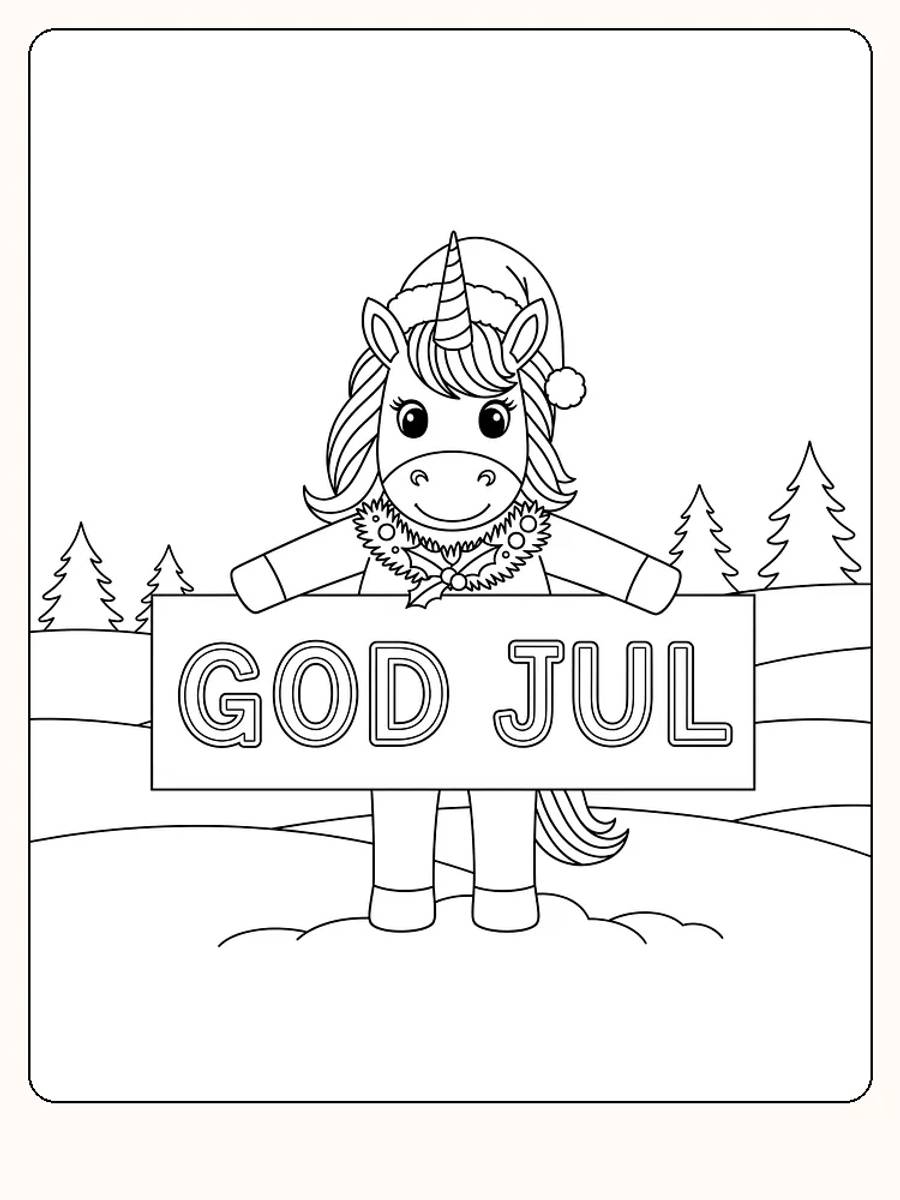 Tegning til farvelægning af enhjørning med julehue, der holder et Glædelig jul-skilt
