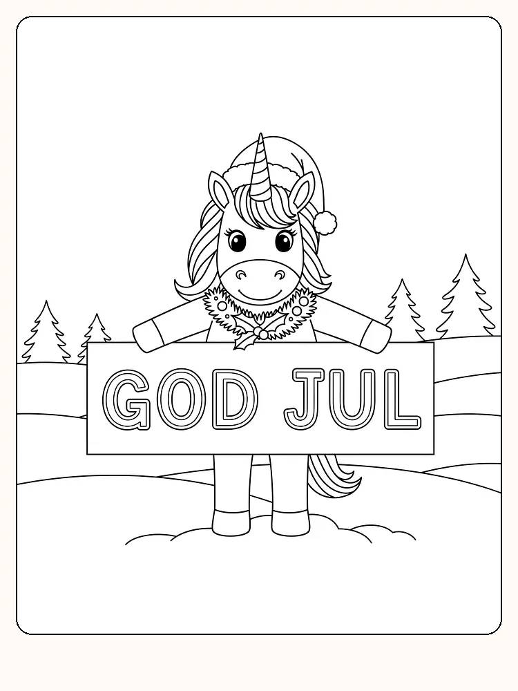Tegning til farvelægning af enhjørning med julehue, der holder et Glædelig jul-skilt
