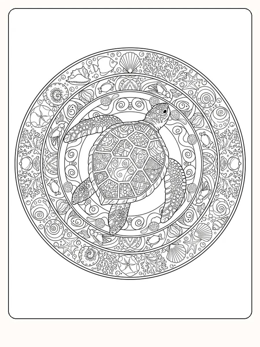 Detaljert fargeleggingsbilde av en skilpadde med mandala-mønster, perfekt for utskrift og avslapning