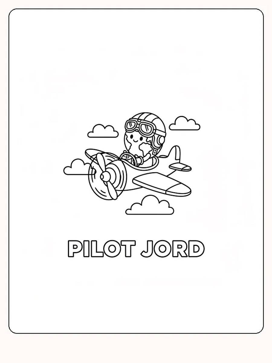 Tegning til farvelægning af et barn som pilot i et fly med skyer rundt om, klar til print