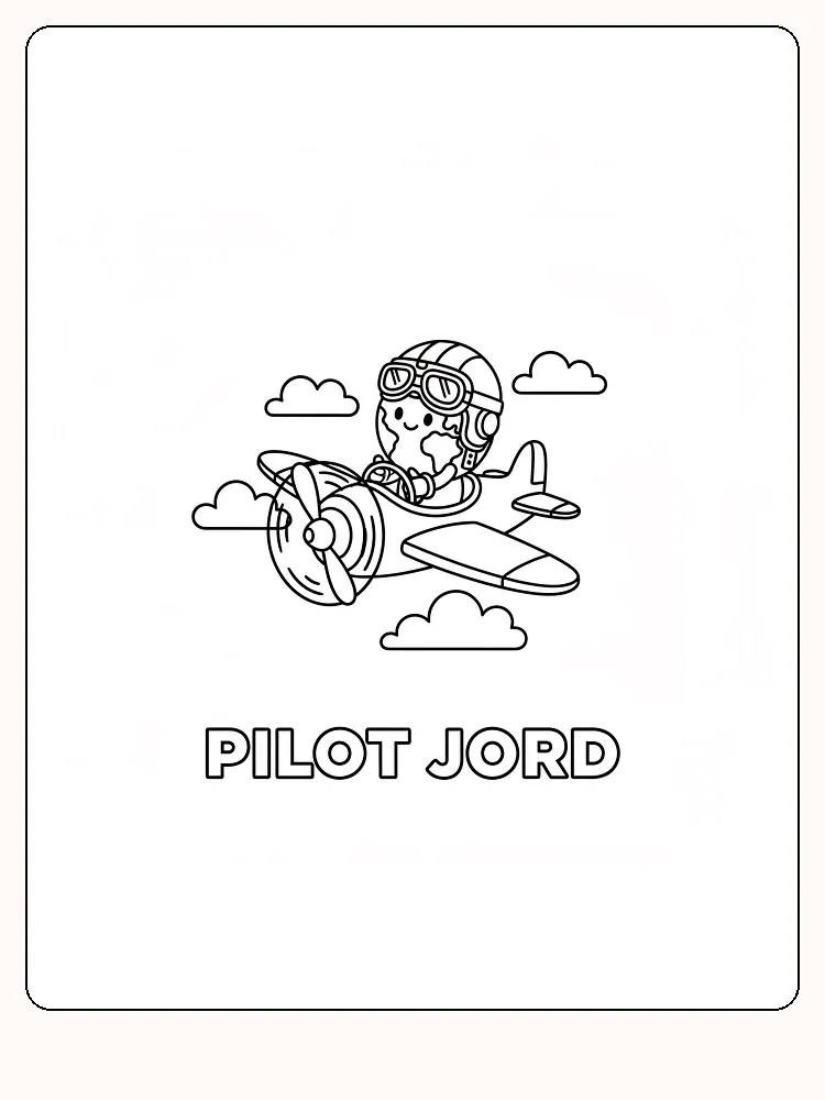 Tegning til farvelægning af et barn som pilot i et fly med skyer rundt om, klar til print
