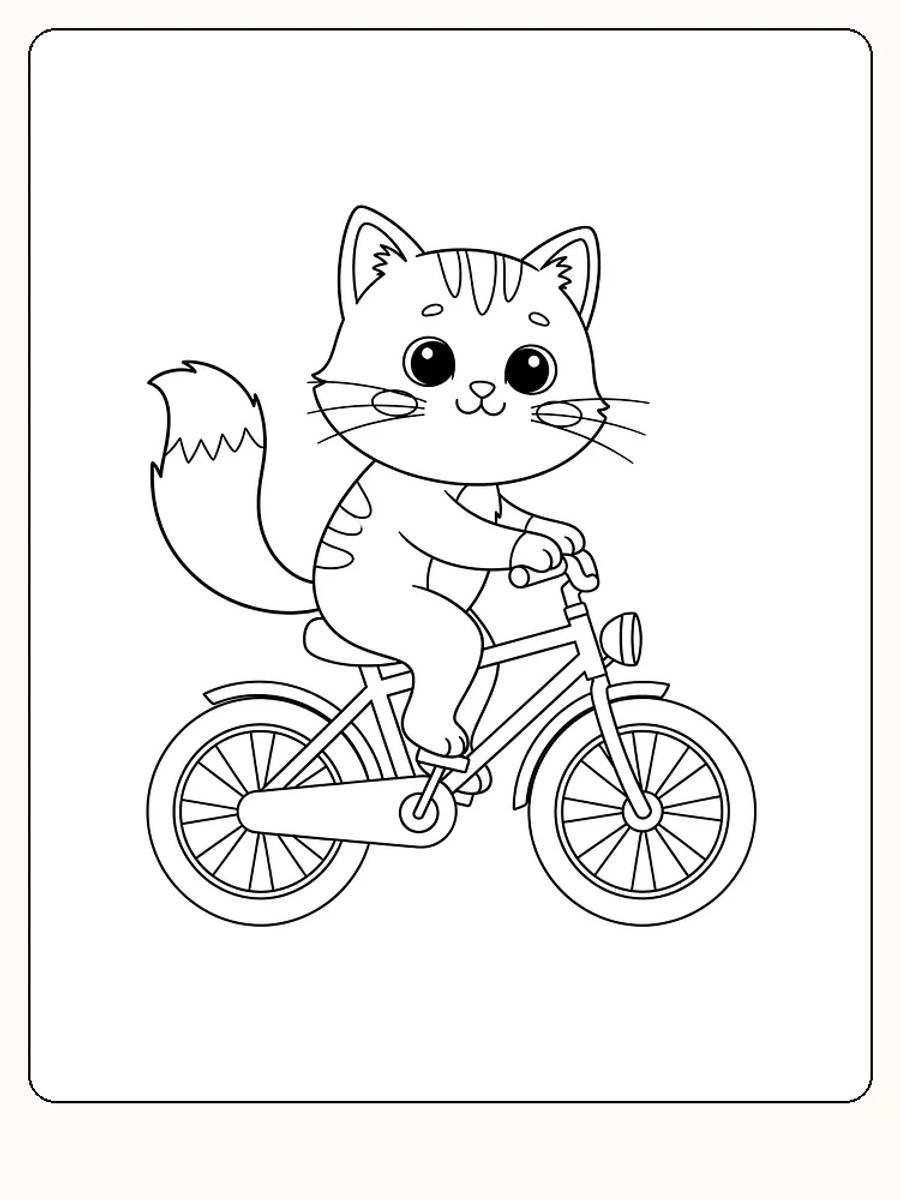 Fargeleggingstegning av en glad katt som sykler, klar for utskrift