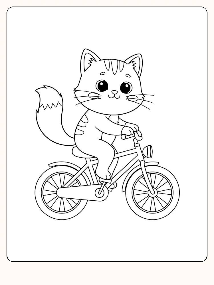 Fargeleggingstegning av en glad katt som sykler, klar for utskrift