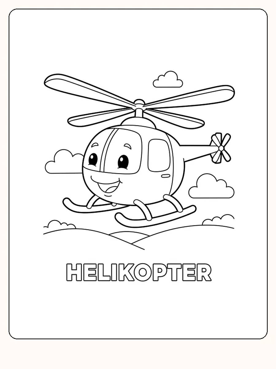 Målarbild av en leende helikopter med stora ögon, redo för måla.