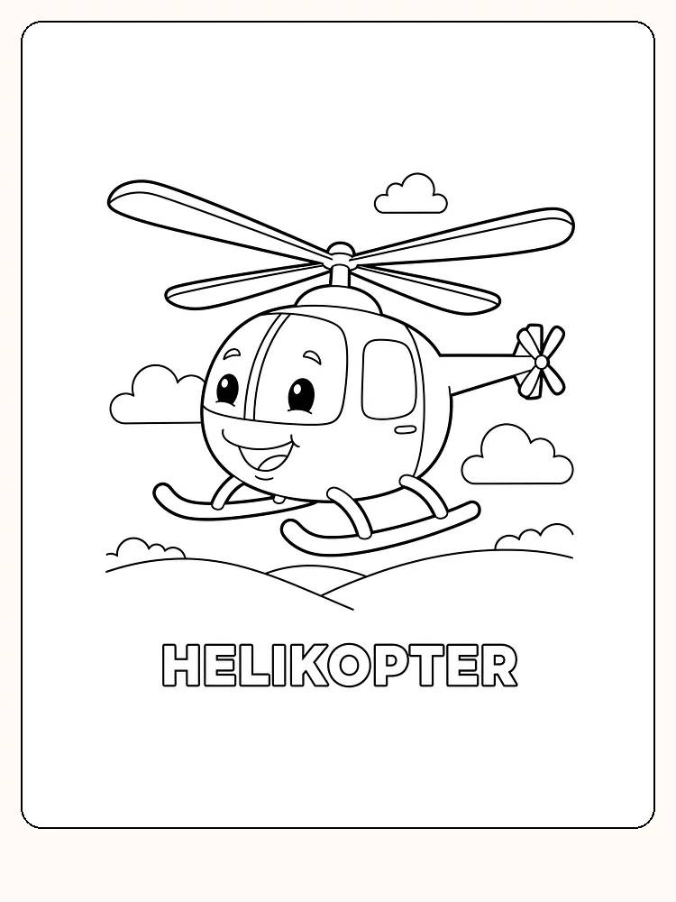 Målarbild av en leende helikopter med stora ögon, redo för måla.