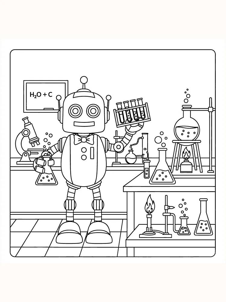 Tegning til farvelægning af en robot i et laboratorium med reagensglas og kolber, klar til print
