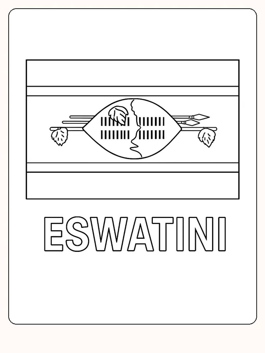 Das Flagge von Eswatini mit charakteristischem Schild und Speer, bereit zum Ausmalen.