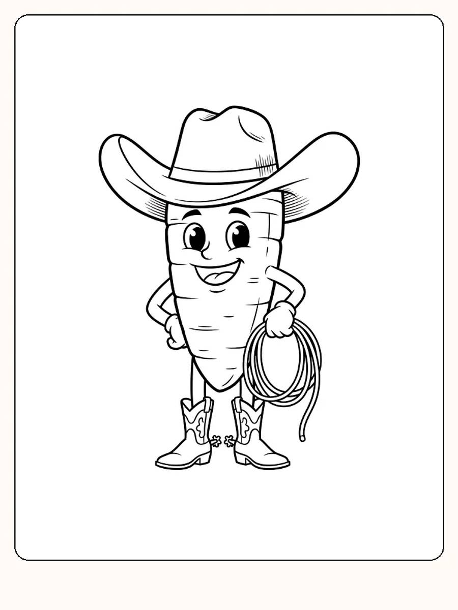 Tegning til farvelægning af en gulerod klædt ud som cowboy med hat og lasso, klar til print