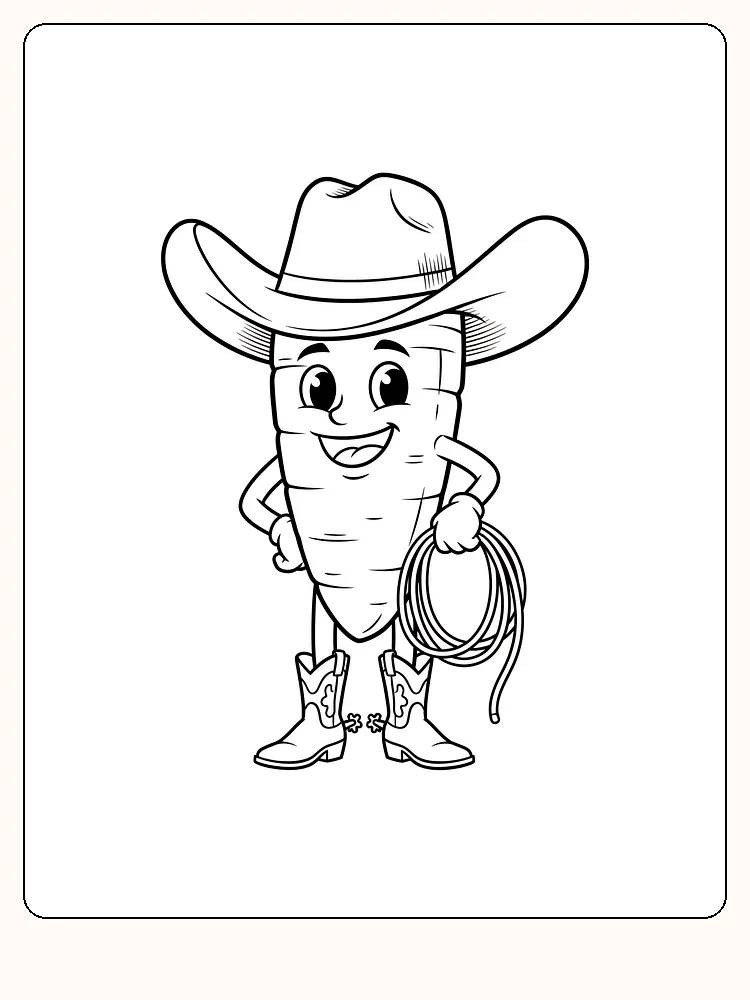 Tegning til farvelægning af en gulerod klædt ud som cowboy med hat og lasso, klar til print