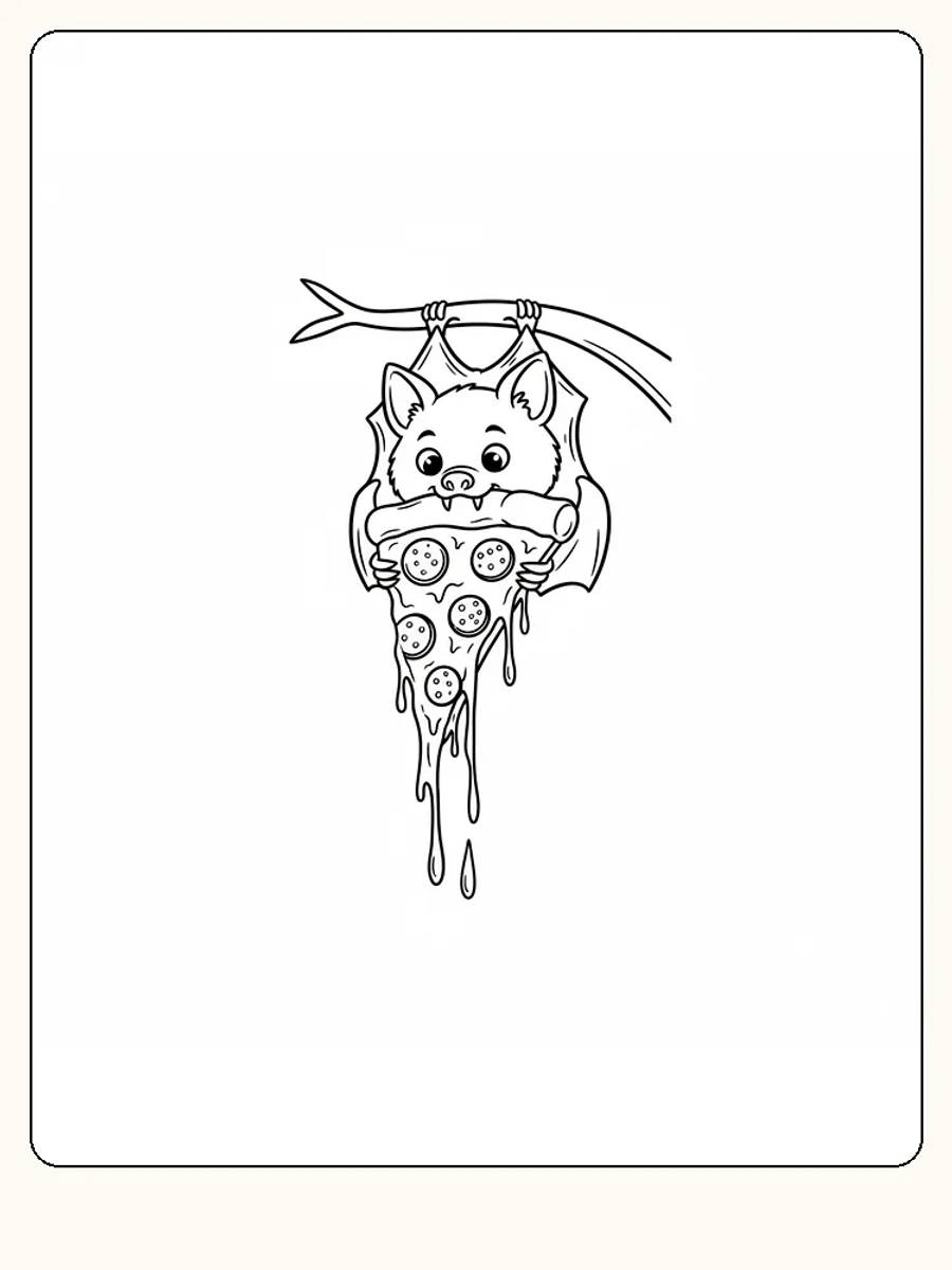 Tegning til farvelægning af en flagermus, der hænger på hovedet med et stort stykke pizza, klar til print