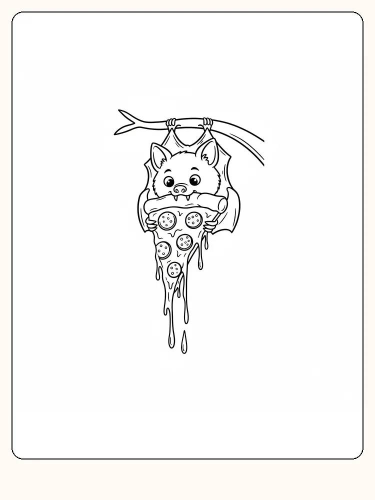 Tegning til farvelægning af en flagermus, der hænger på hovedet med et stort stykke pizza, klar til print