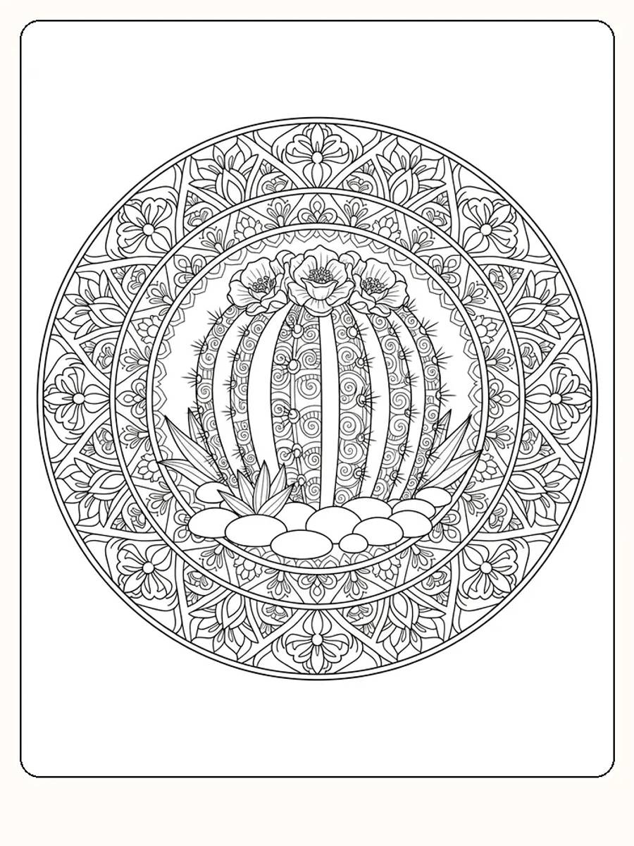 Ausmalbild einer detaillierten Mandala mit Kaktus und Blumen, bereit für kreatives Ausmalen.
