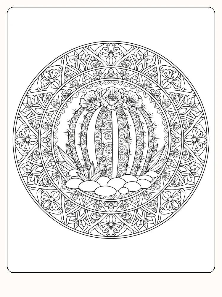 Ausmalbild einer detaillierten Mandala mit Kaktus und Blumen, bereit für kreatives Ausmalen.