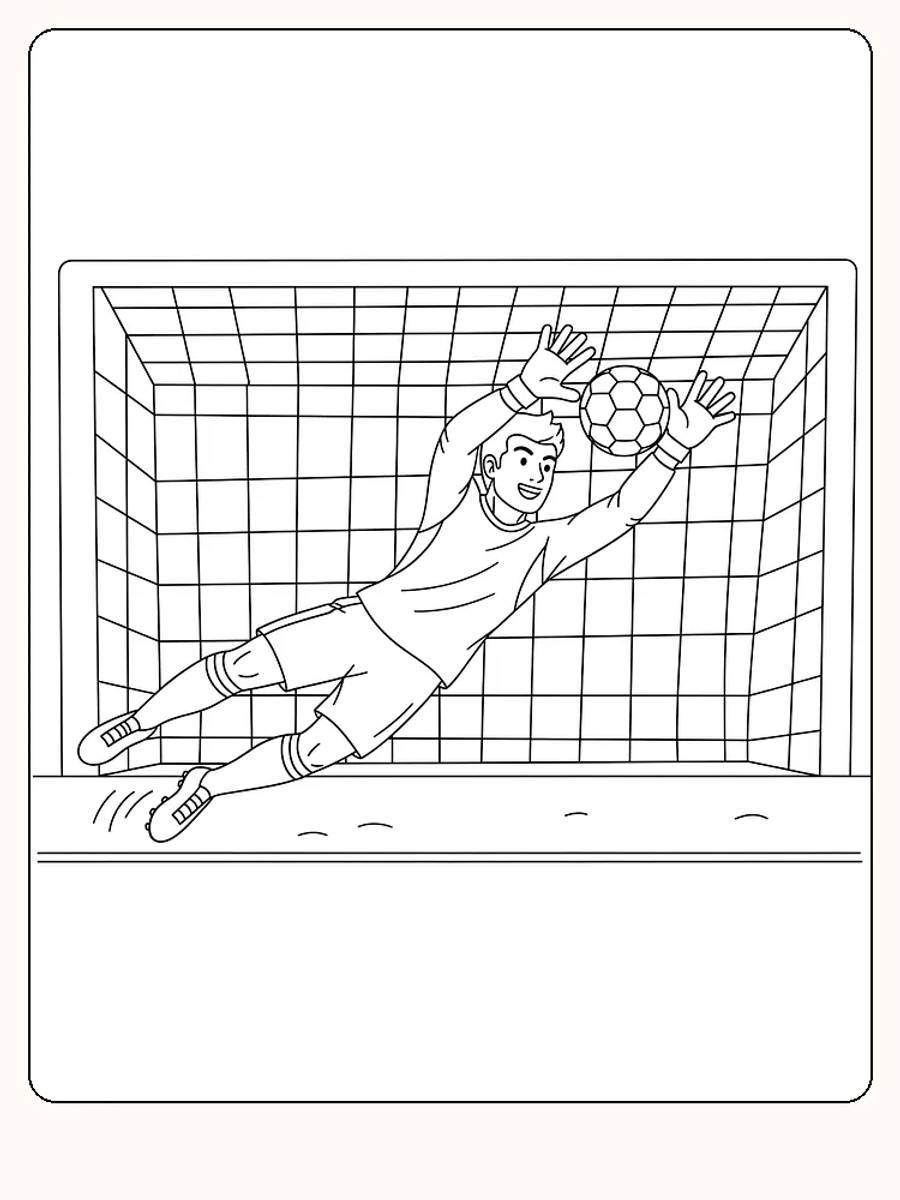 Fargeleggingstegning av fotballkeeper som redder ball i mål, klar for utskrift