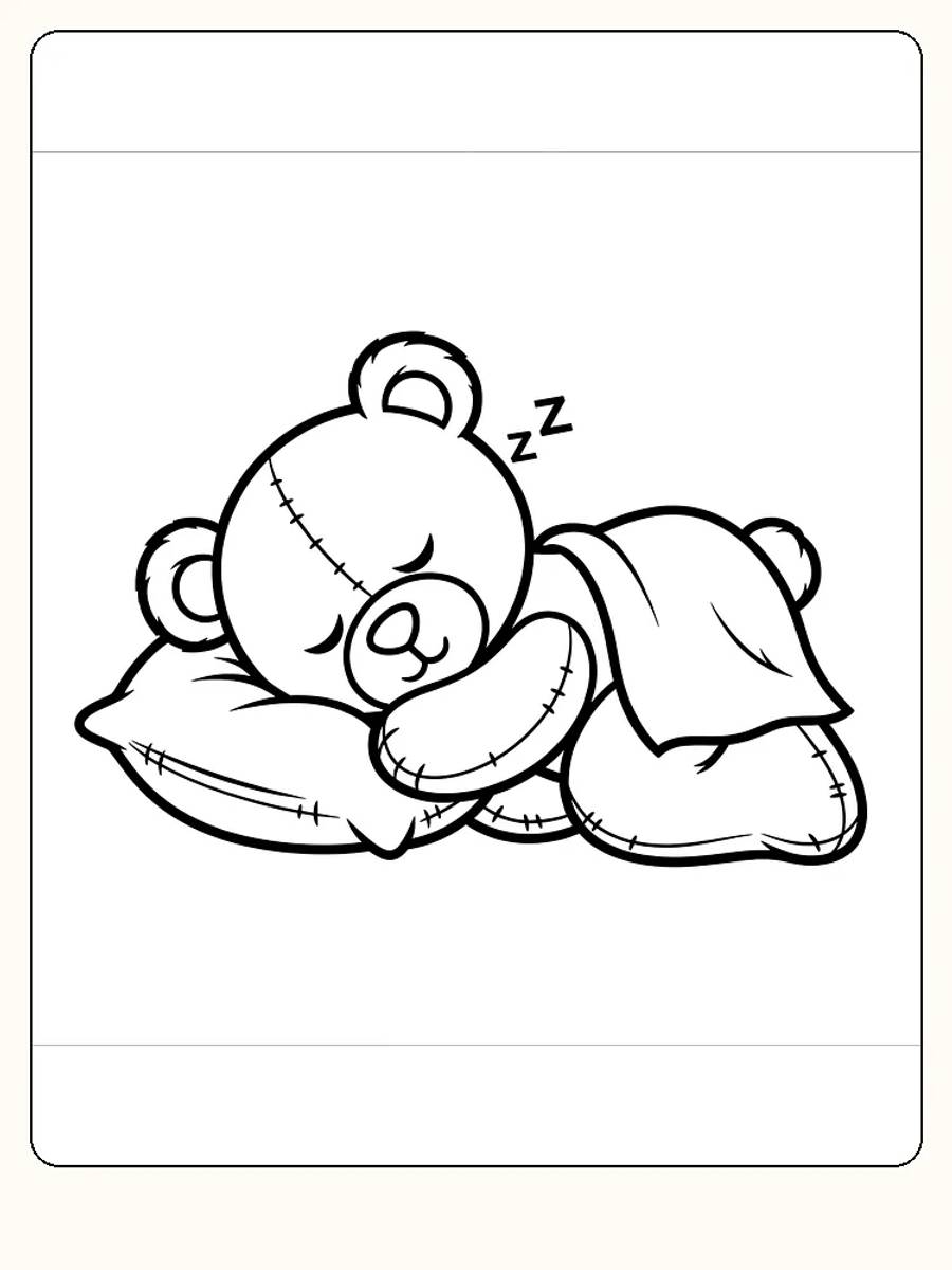 Tegning til farvelægning af en sovende bamse på en pude med tæppe, perfekt til print og kreativt sjov