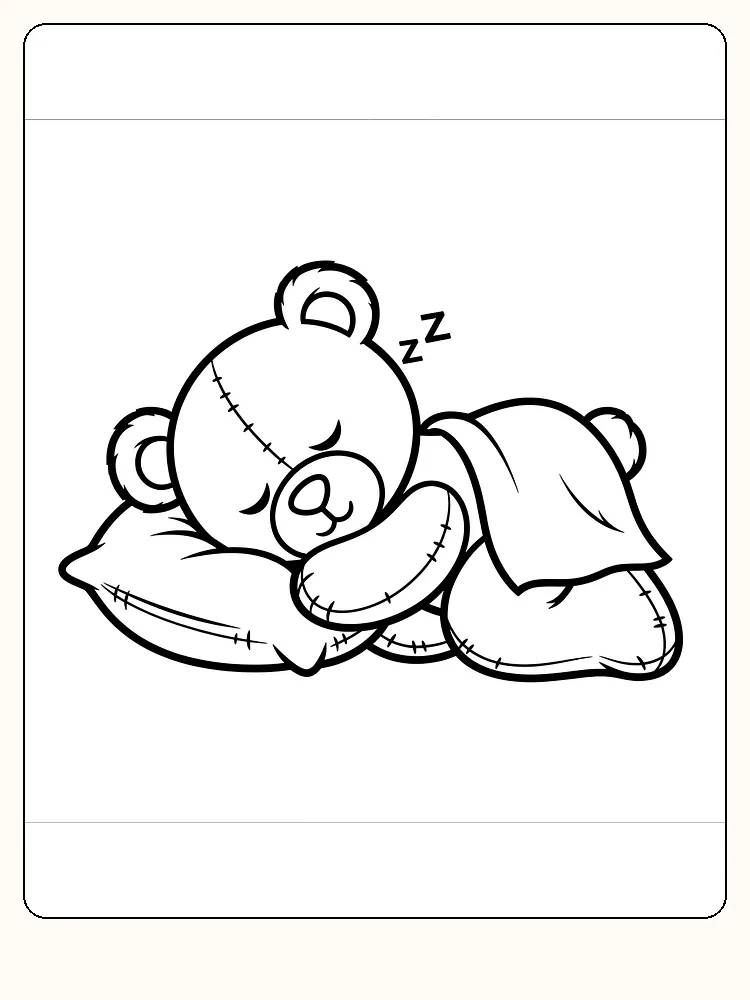 Tegning til farvelægning af en sovende bamse på en pude med tæppe, perfekt til print og kreativt sjov