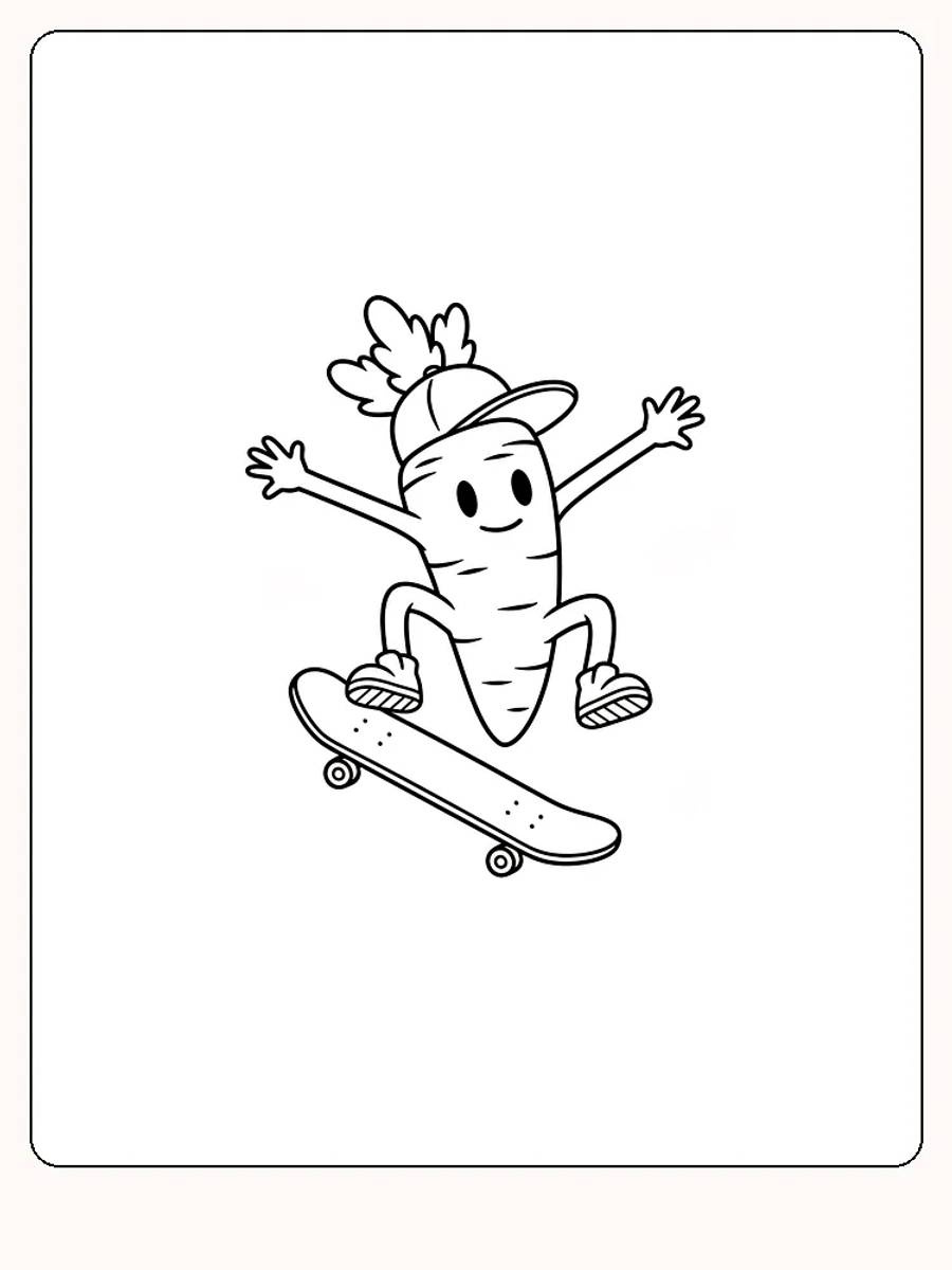 Tegning til farvelægning af en gulerod, der kører på skateboard med hue og sko, klar til print