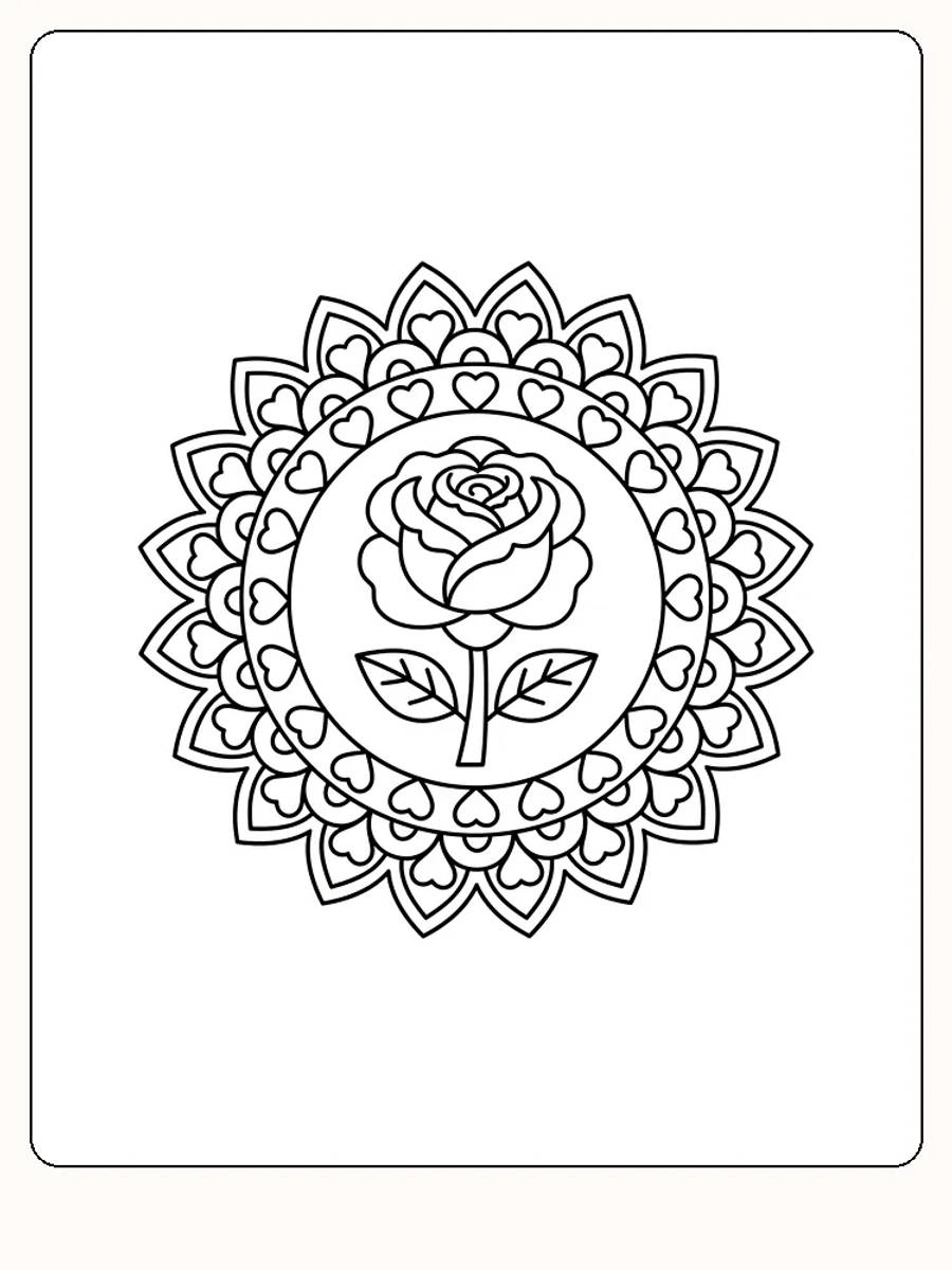Detaillierte Mandala mit einer Rose in der Mitte, umgeben von Herzen, zum Herunterladen und Ausmalen.