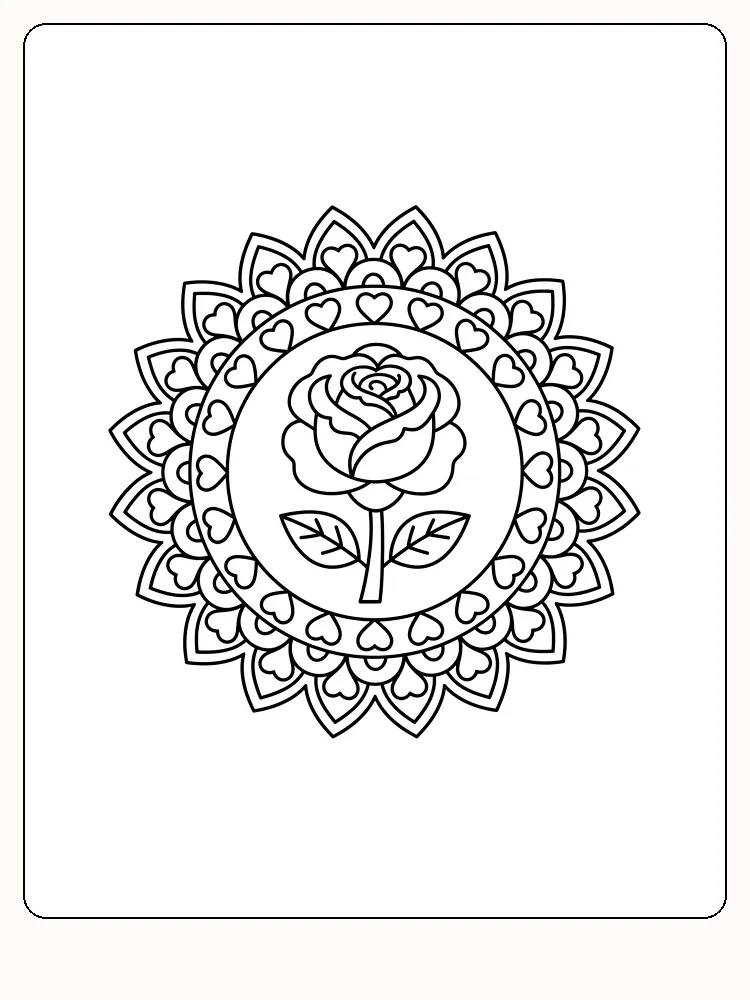 Detaillierte Mandala mit einer Rose in der Mitte, umgeben von Herzen, zum Herunterladen und Ausmalen.