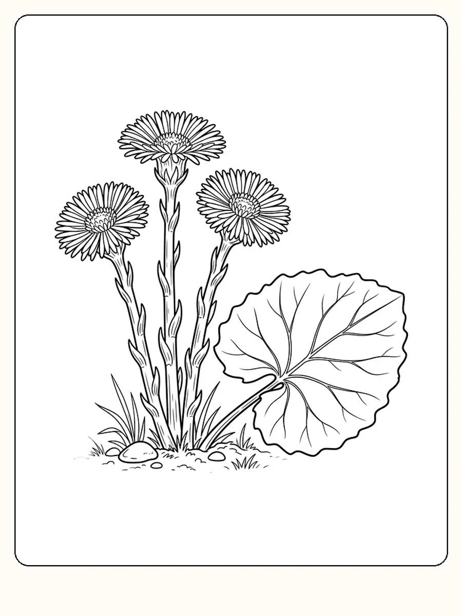 Tre hestehovblomster på skjellete stilker med et stort, rundt blad ved siden av, på en jordbakke med gress og steiner
