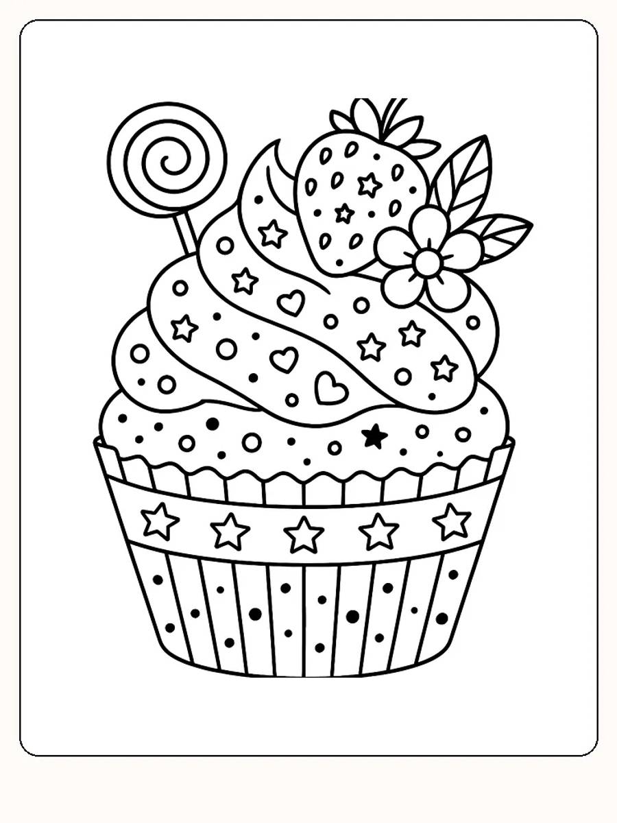 Fargeleggingsbilde av en muffins med jordbær, blomster og slikkepinne, klar for nedlasting