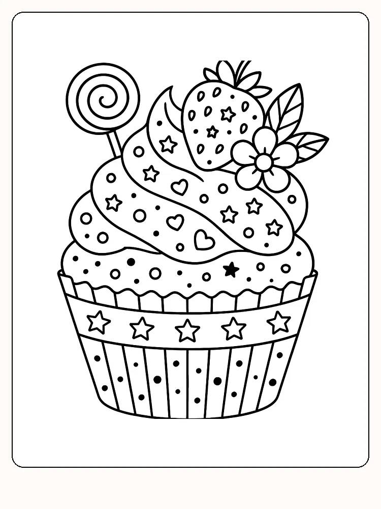Fargeleggingsbilde av en muffins med jordbær, blomster og slikkepinne, klar for nedlasting