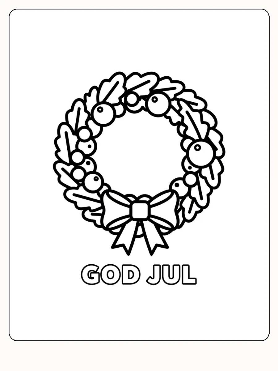Fargeleggingstegning av julekrans med sløyfe og teksten 'God Jul' under, klar for utskrift