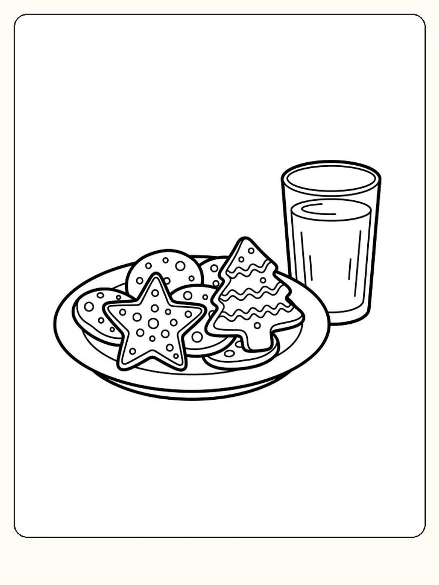 Tegning til farvelægning af julesmåkager på en tallerken og et glas mælk, klar til at blive farvelagt