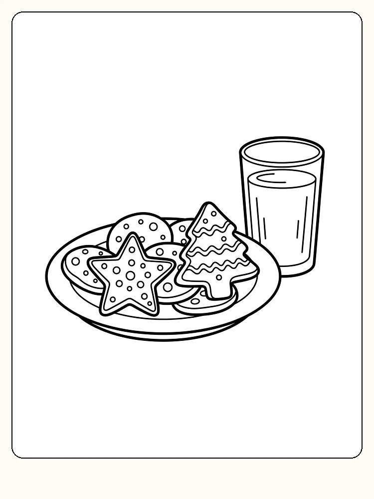 Tegning til farvelægning af julesmåkager på en tallerken og et glas mælk, klar til at blive farvelagt