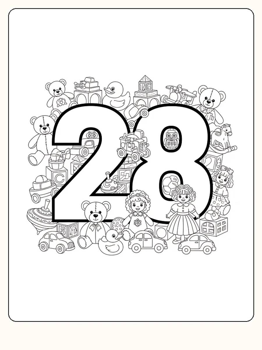 Ausmalbild des Zahl 28, umgeben von verschiedenen Spielzeugen und Plüschtieren, bereit zum Ausdrucken.