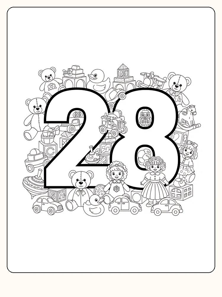 Ausmalbild des Zahl 28, umgeben von verschiedenen Spielzeugen und Plüschtieren, bereit zum Ausdrucken.