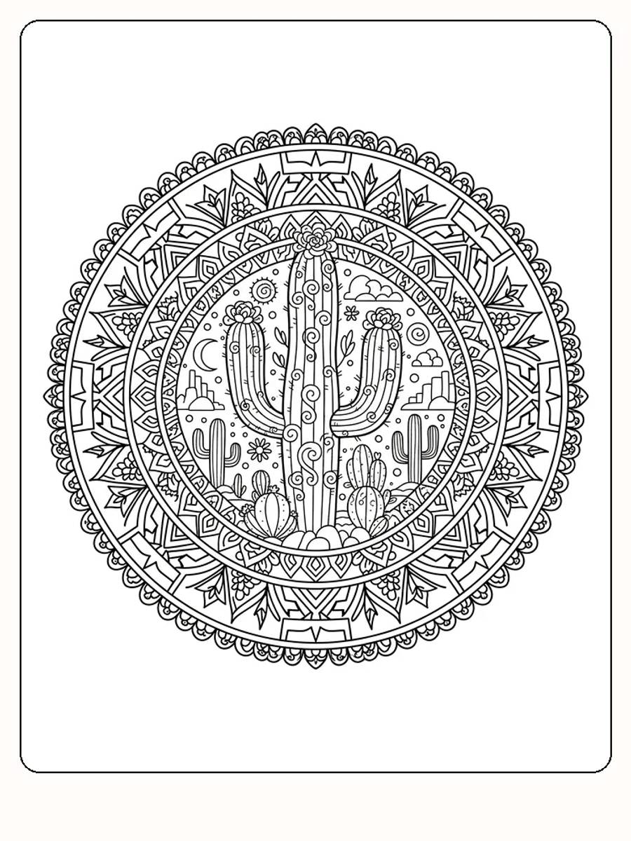 Ausmalbild einer Mandala mit einem Kaktus in der Mitte und einer Wüstenlandschaft drumherum.