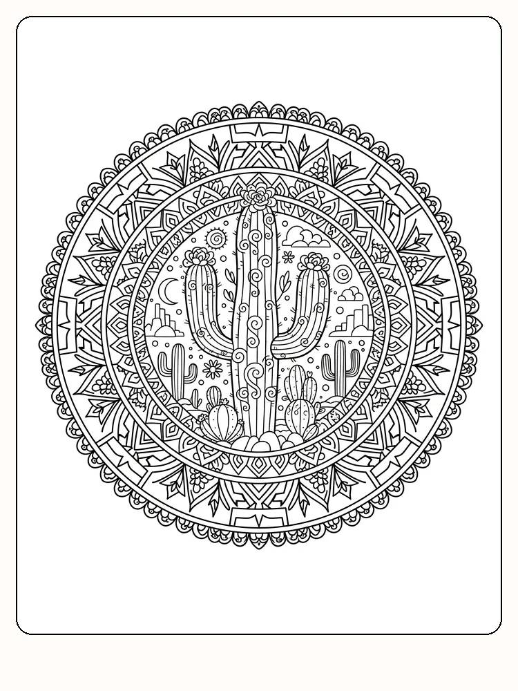 Ausmalbild einer Mandala mit einem Kaktus in der Mitte und einer Wüstenlandschaft drumherum.