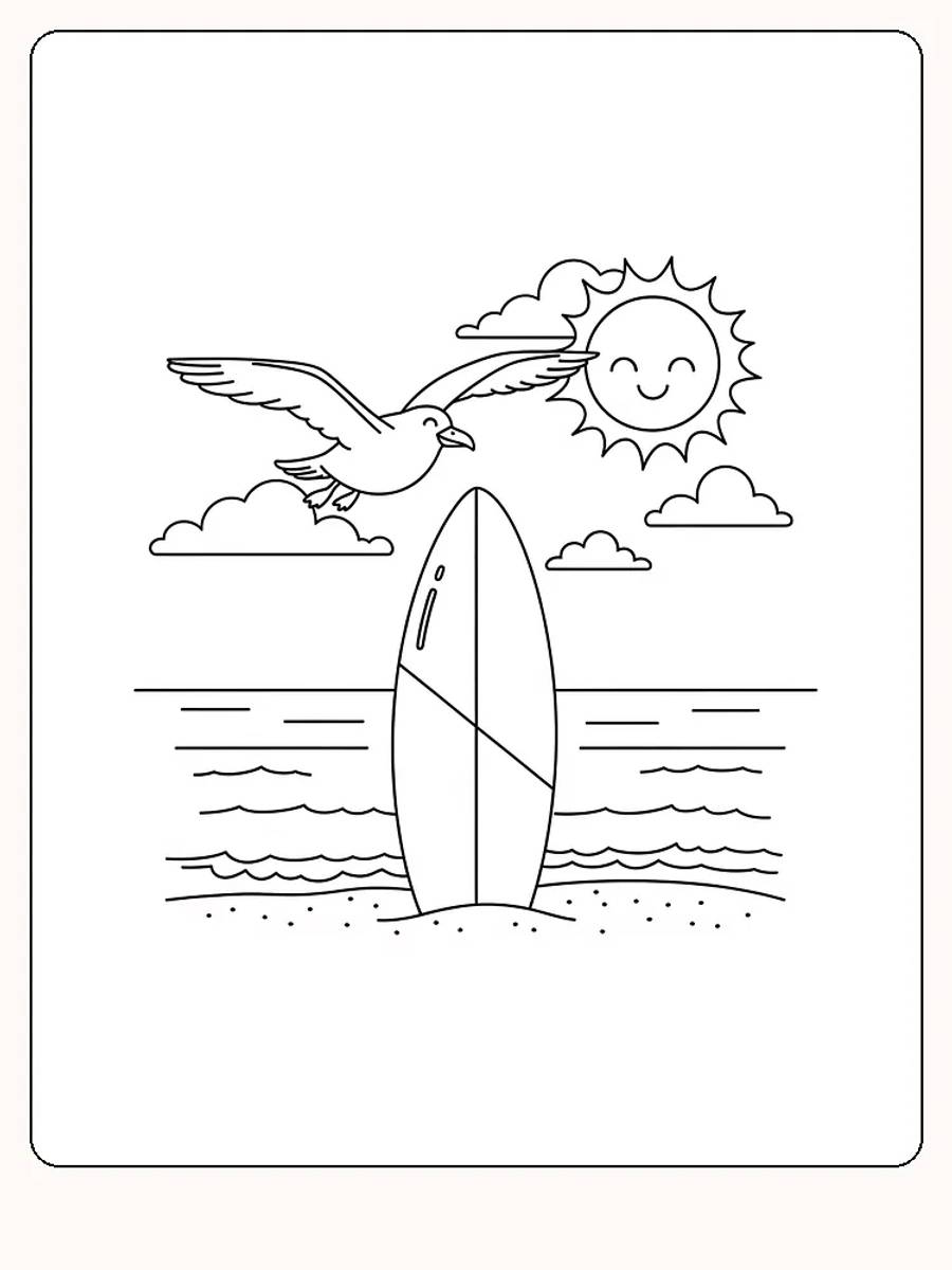 Fargeleggingsbilde av et surfebrett med en måke og en sol som smiler bak, perfekt for utskrift