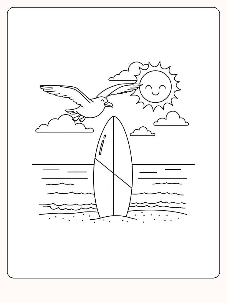 Fargeleggingsbilde av et surfebrett med en måke og en sol som smiler bak, perfekt for utskrift