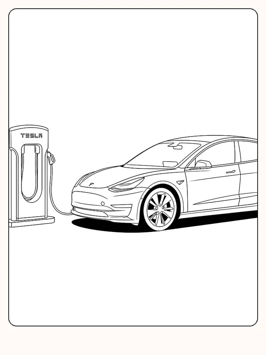 Fargeleggingstegning av en Tesla Model ved ladestasjon, klar for utskrift