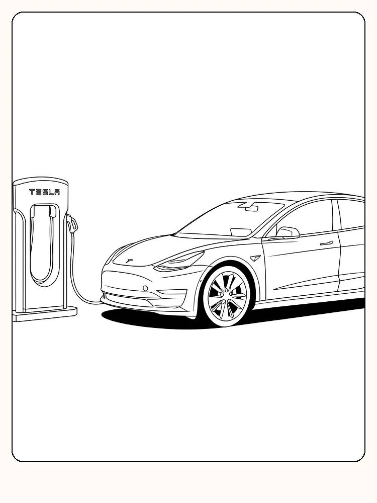 Fargeleggingstegning av en Tesla Model ved ladestasjon, klar for utskrift