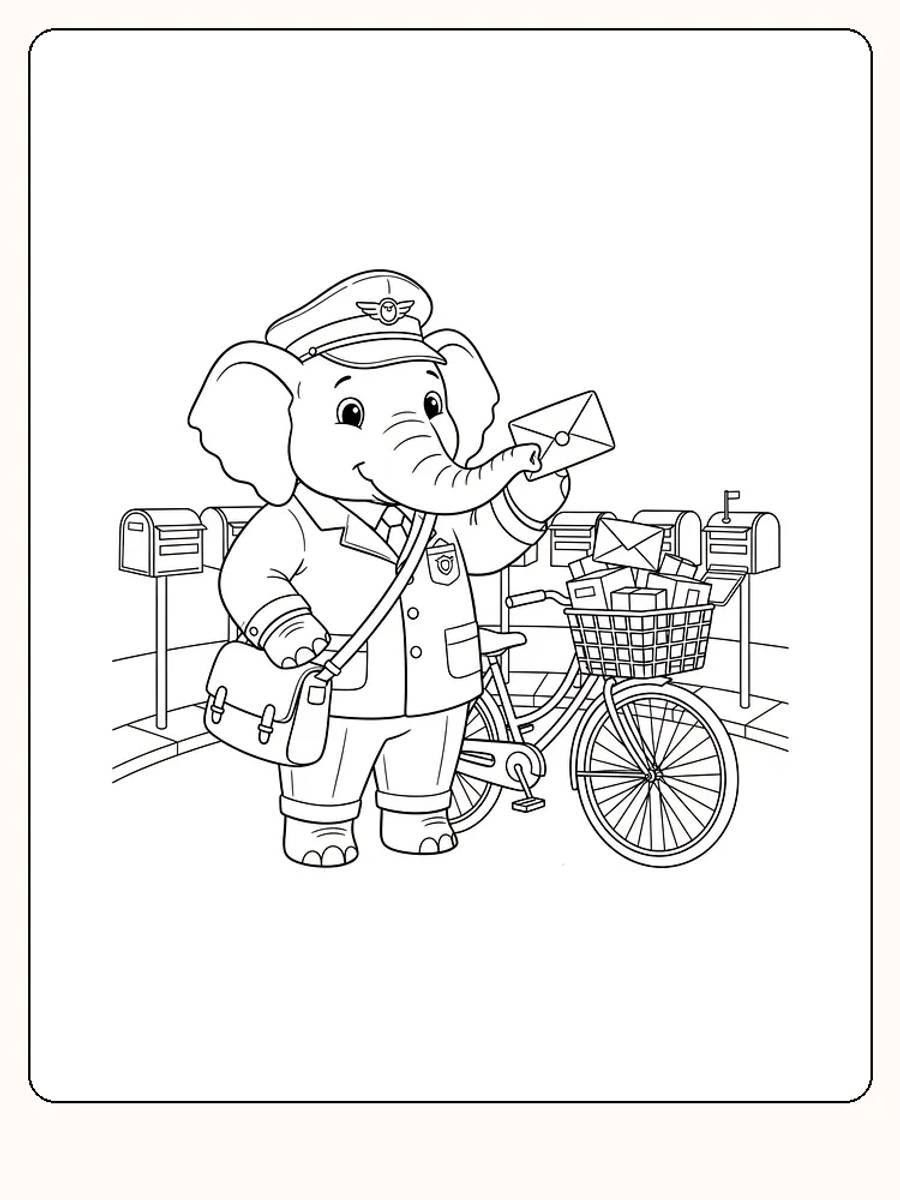 Tegning til farvelægning af en elefant i postuniform med brev og cykel